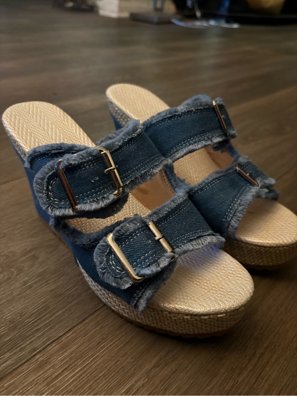 Frayed Denim Double-Buckle Wedge Sandals - Blue